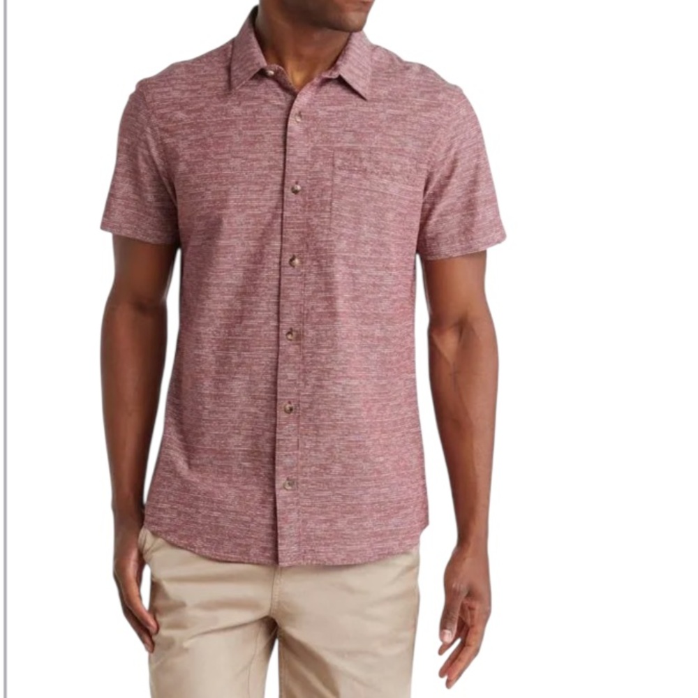 Travis Mathew RoadHog Red Short Sleeve Button Up Shirt Mens Size Large Heathered